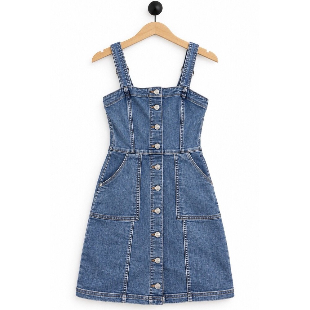 H&M Divided Women's Size 0 Denim Pinafore Dress Button Front Stretch